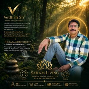 Promotional poster for Saram Living featuring a man in a forest and gold logo, advertising The Saram First Reset + Amber Membership.