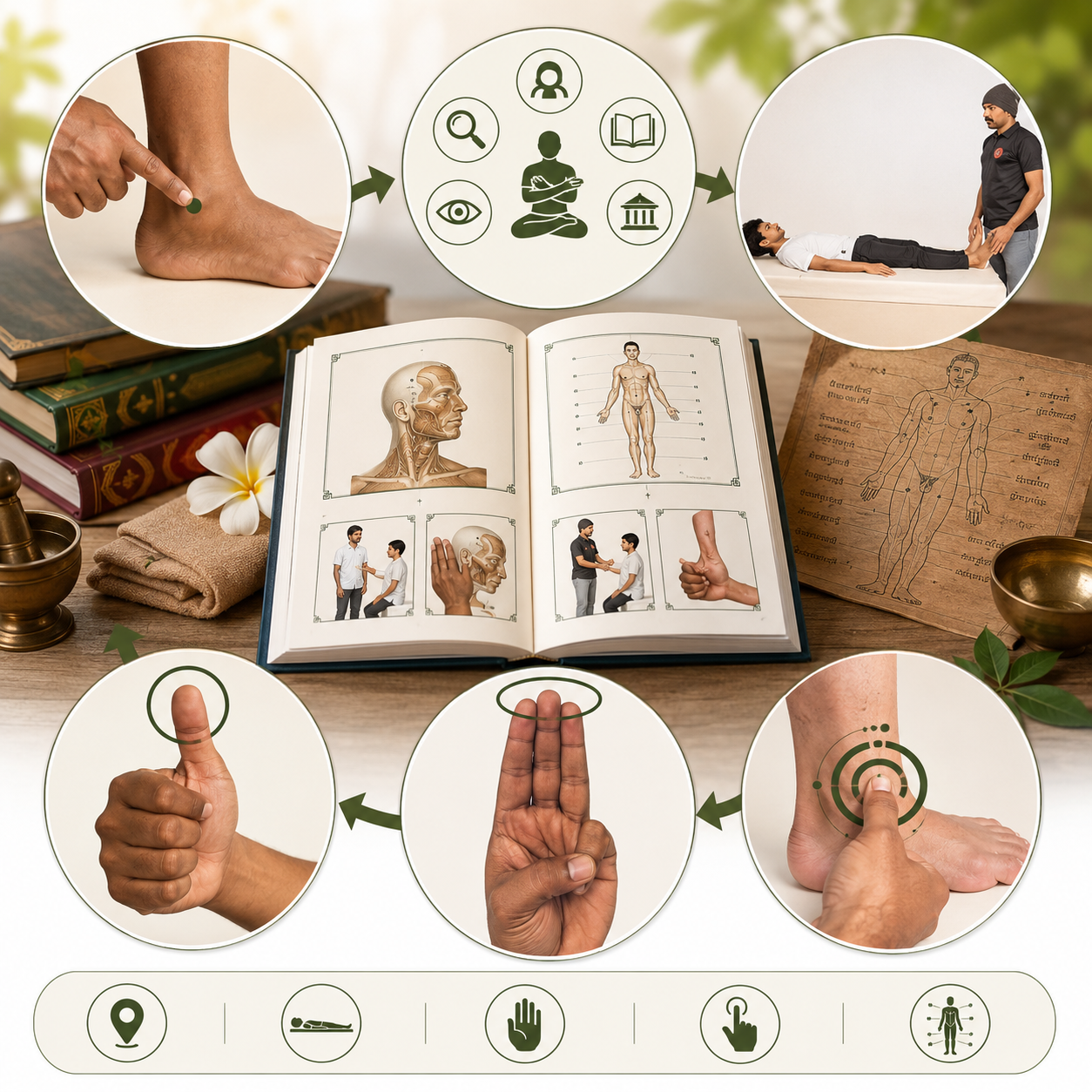 An open Varmam reference book showing anatomical point charts, surrounded by hands demonstrating pressure-point locations and a palm-leaf manuscript