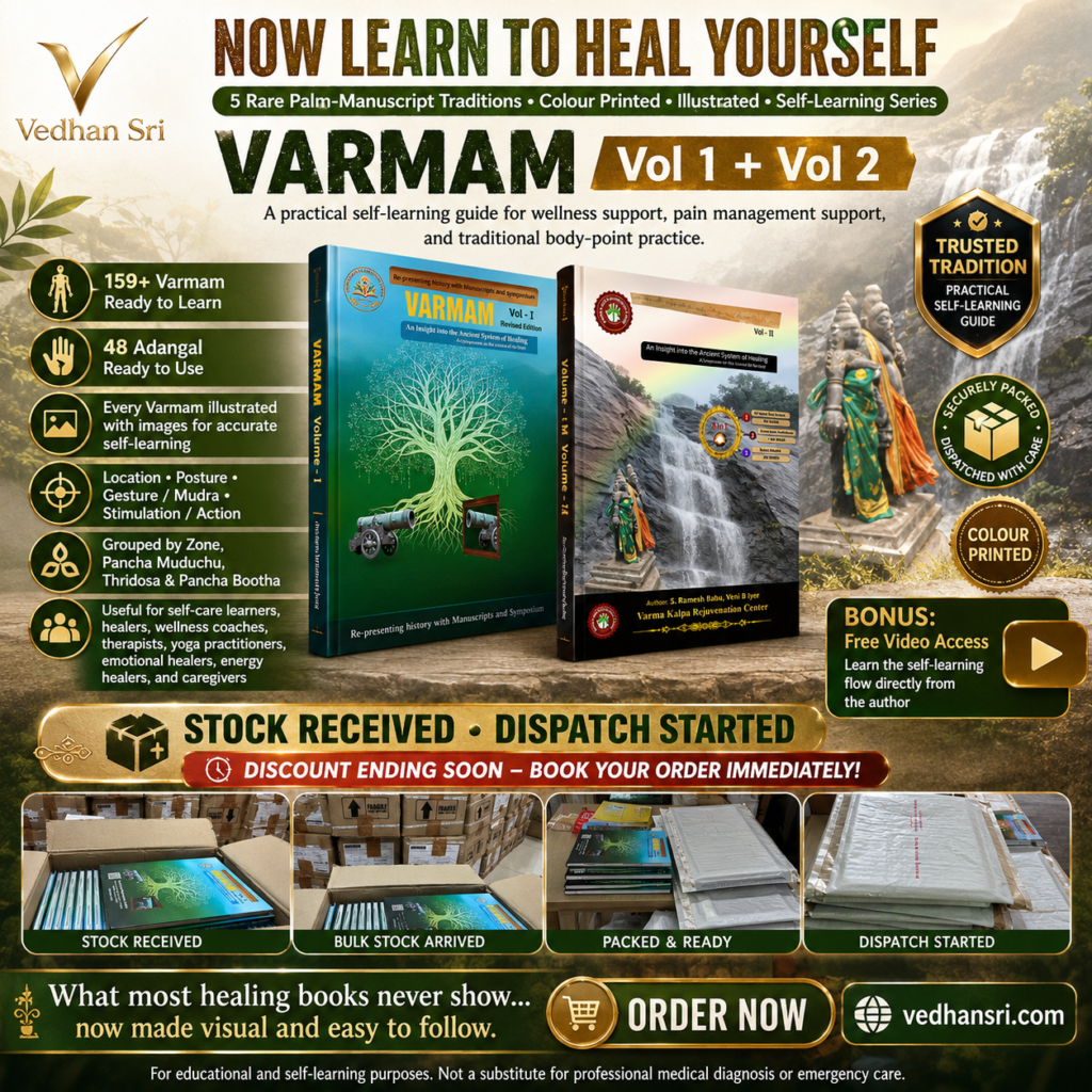 Poster promoting VarRam Vol 1 + Vol 2 self-learning wellness guide, with two book covers, Vedhan Sri logo, and badges.