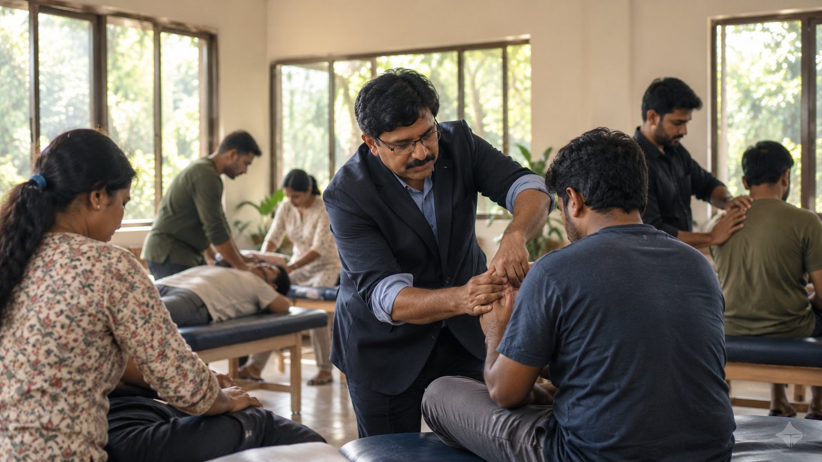Vedhan Sri correcting a student's hands during practice