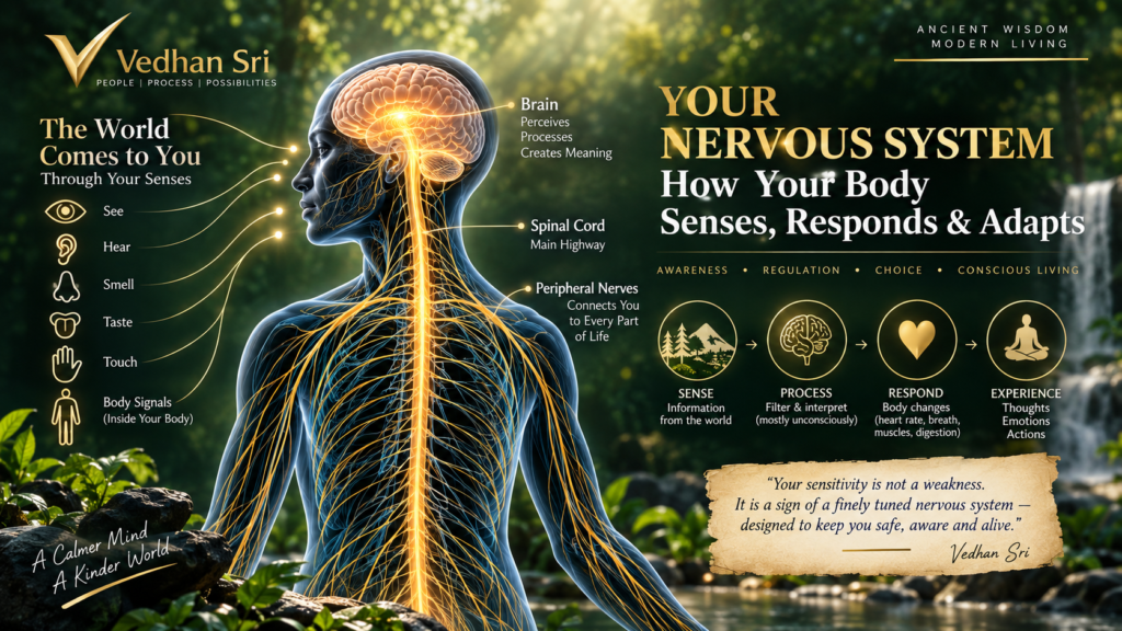 Illustration of the brain, spinal cord, peripheral nerves and sensory pathways explaining how the nervous system senses, responds and adapts.