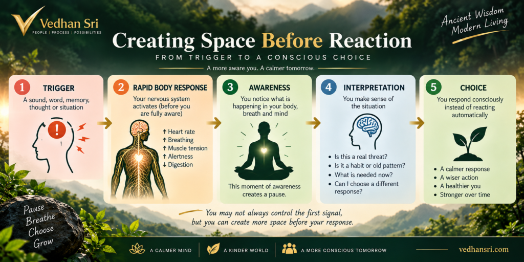 Five-step nervous system diagram showing trigger, rapid body response, awareness, interpretation and conscious choice.