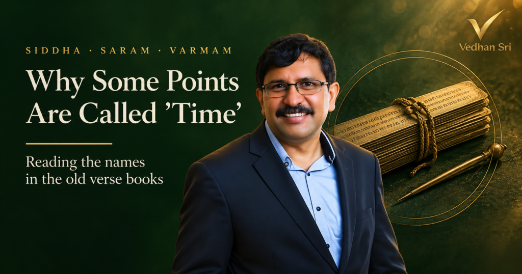 Vedhan Sri beside the title Why Some Points Are Called Time, with a palm-leaf manuscript and stylus in gold line-art on a deep green background