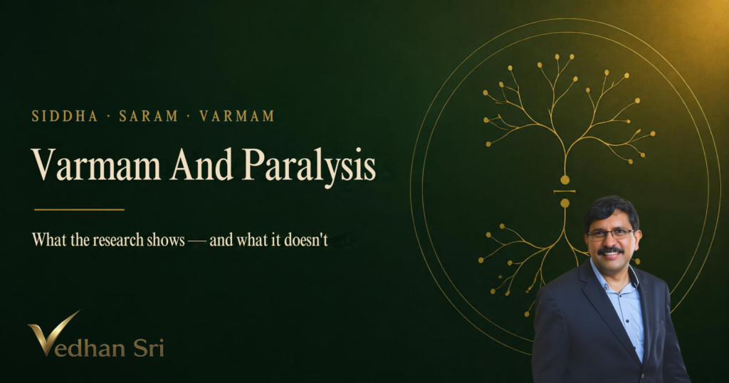 Vedhan Sri beside the title Varmam And Paralysis, with a fine gold branching pathway on a deep green background