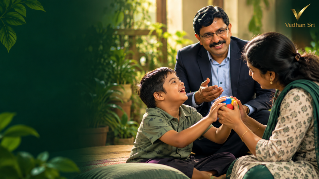 Vedhan Sri sitting with a mother and her young son as they play with a coloured ball together